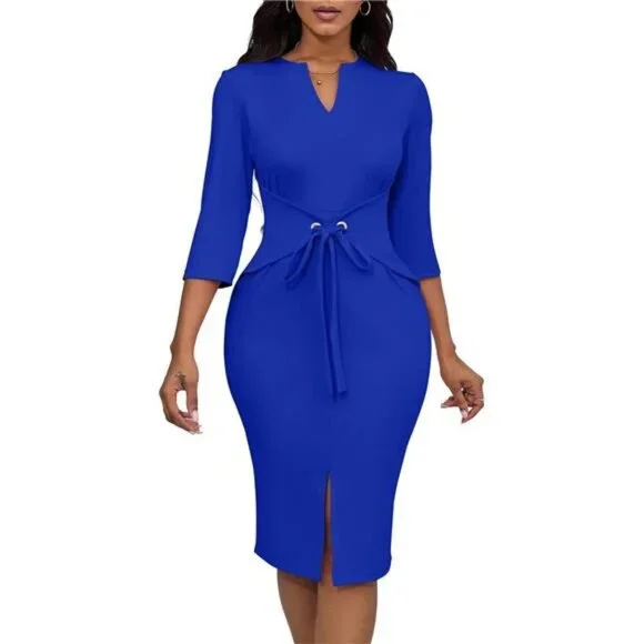 knee length dresses for ladies Cotton 3/4 Sleeve Bodycon Fitted Knee Length Midi Dress main image 1